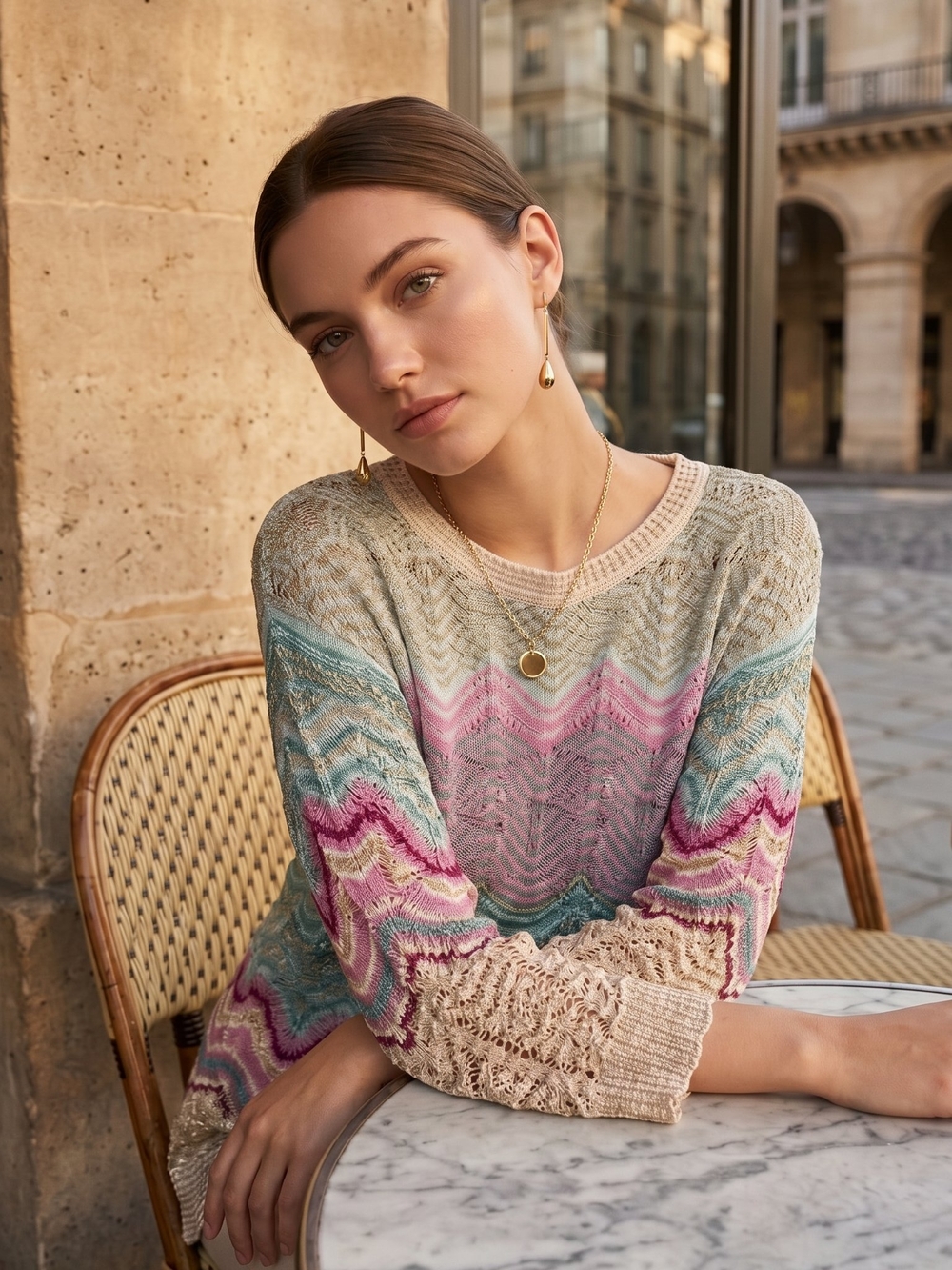 Women’s Pastel Chevron Knit Sweater - Beige Pink Blue Boho Size M